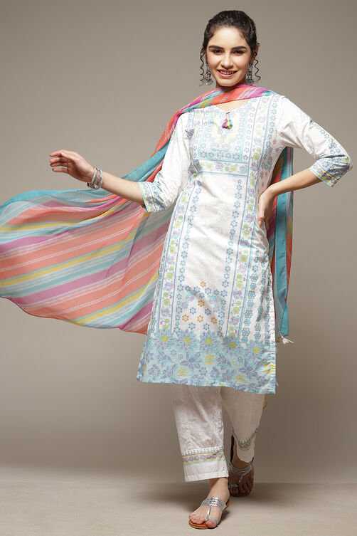White Woven Straight Kurta Suit Set image number 0